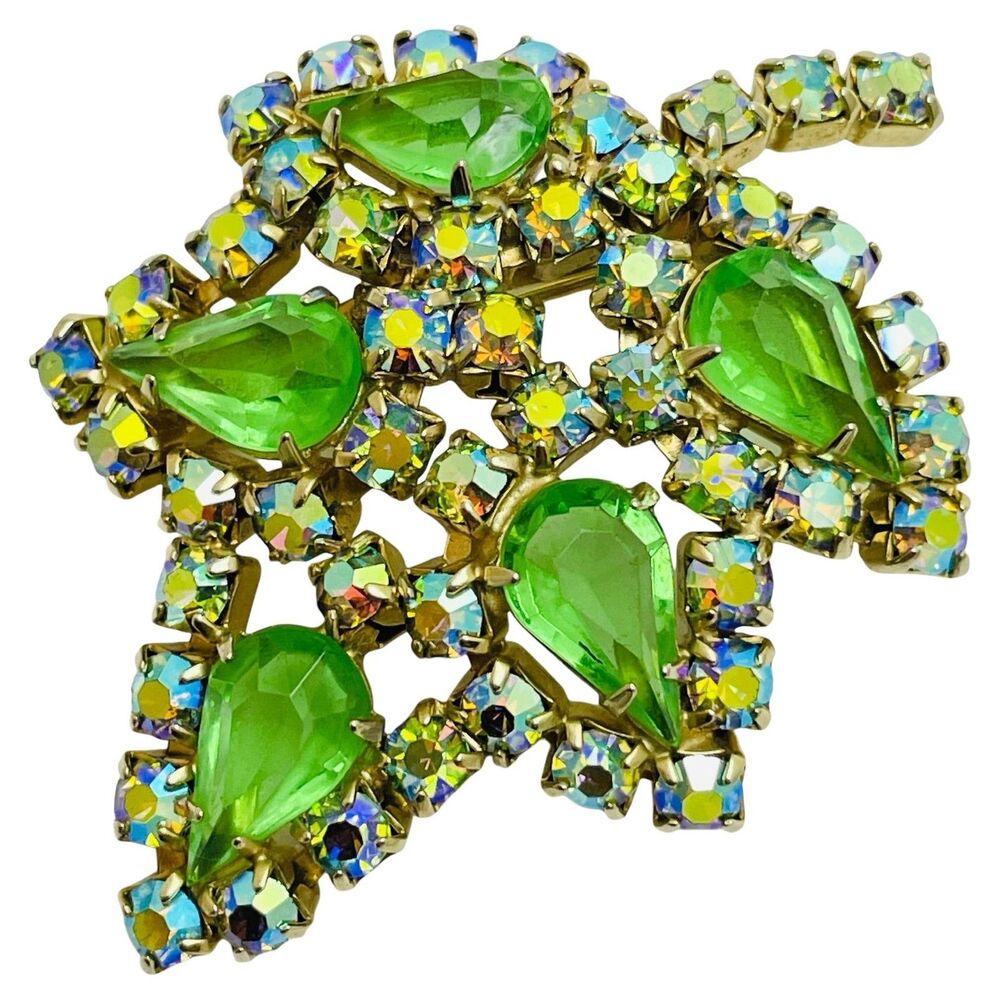 Vintage gold tone green glass designer brooch